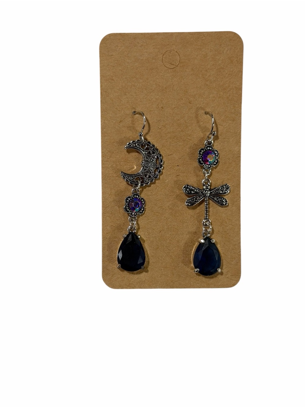Asymmetric Moon & Dragonfly Dangle Earrings with Deep Blue Stones